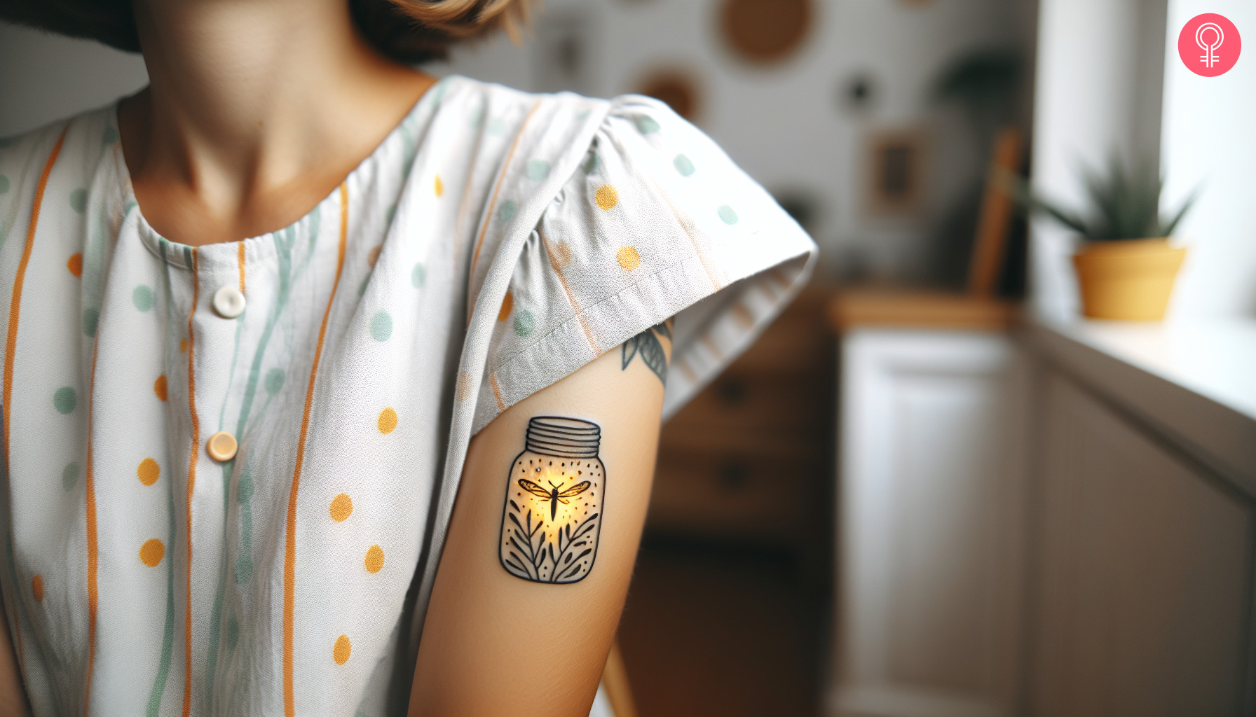 Woman with firefly in jar tattoo on her upper arm