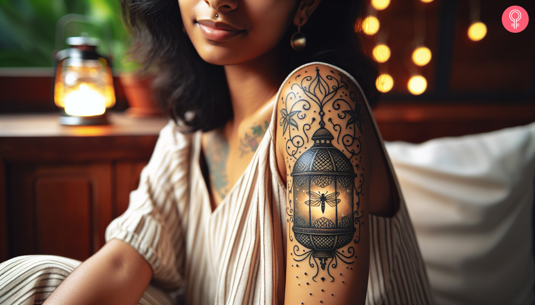 Woman with firefly lantern tattoo on her upper arm