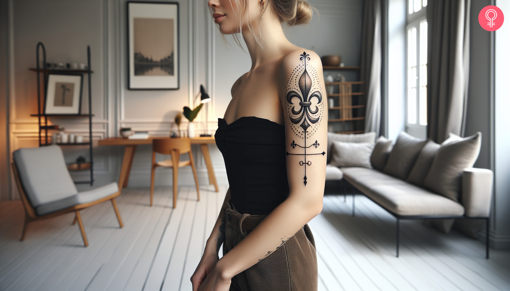A fleur de lis cross tattoo on the arm