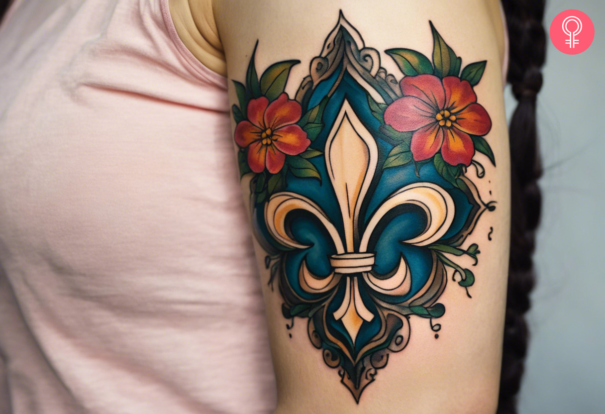 A fleur de lis flower tattoo on the upper arm