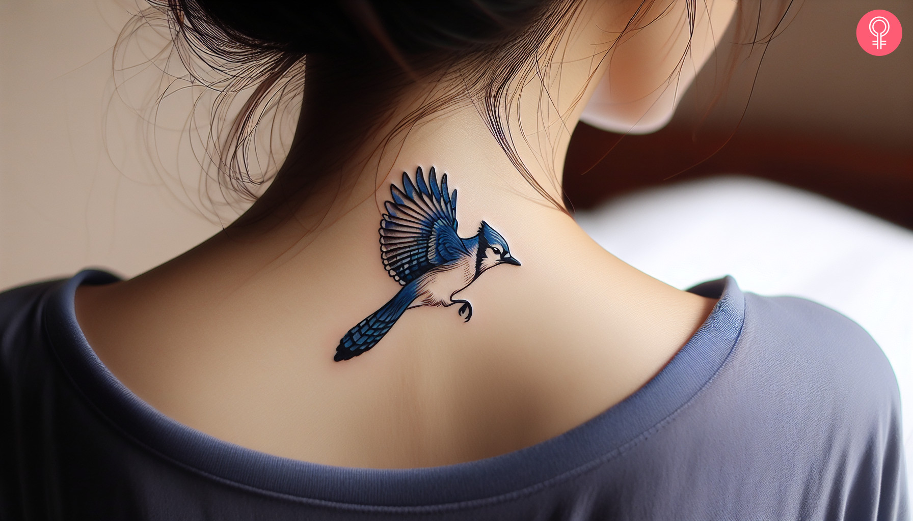 A close up of a flying blue jay tattoo on a woman’s upper arm