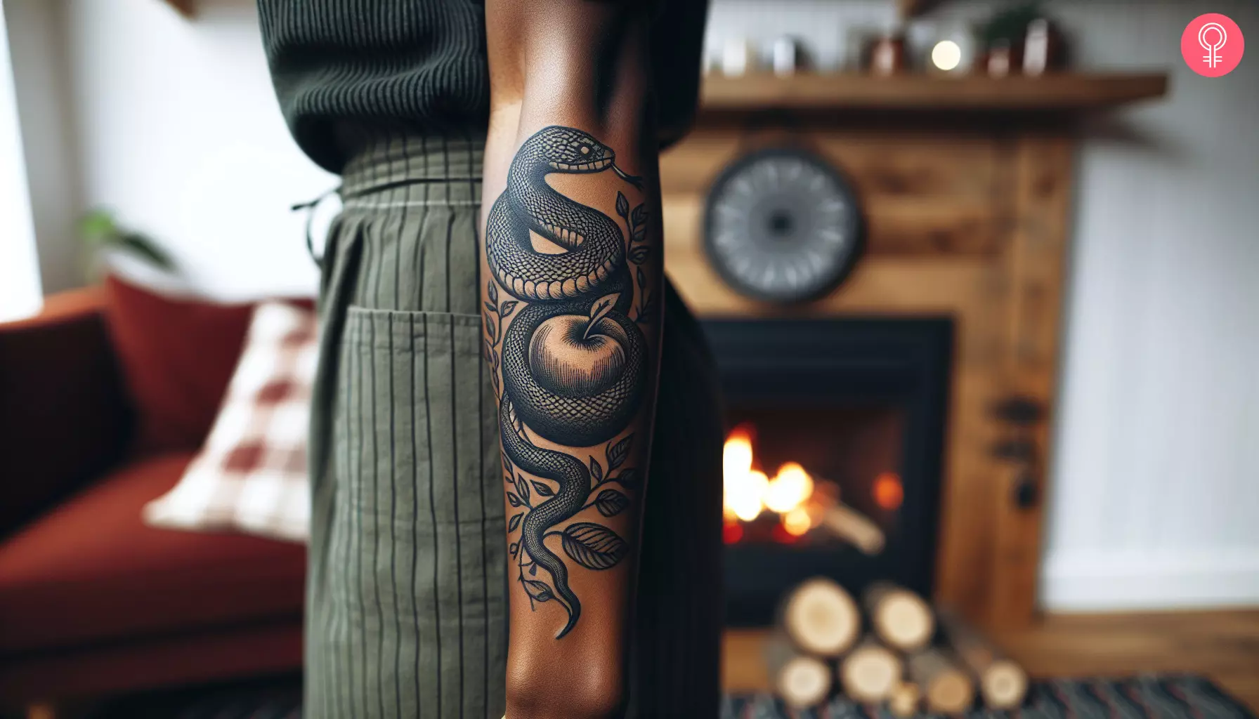 Forbidden fruit tattoo depicting apple and snake on the forearm