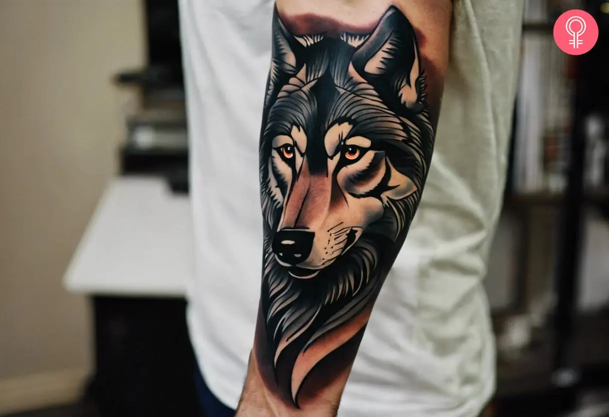 A wolf tattoo on the arm