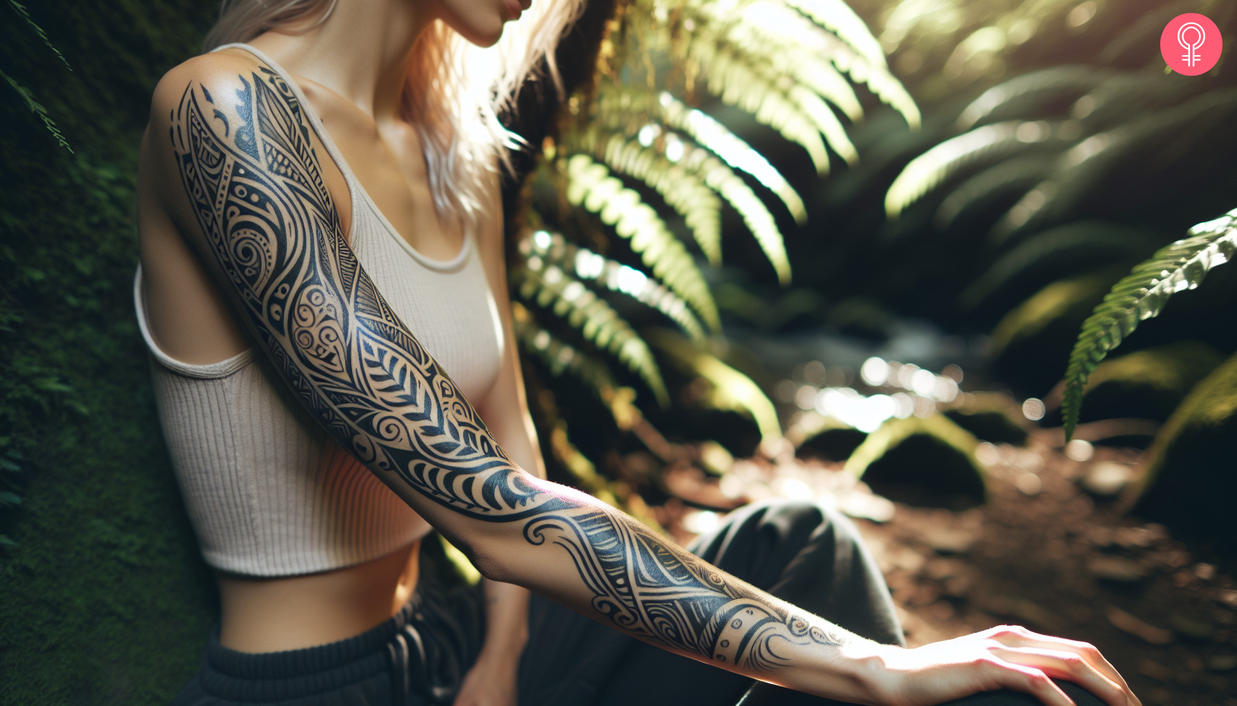 Full arm maori tattoo on a woman