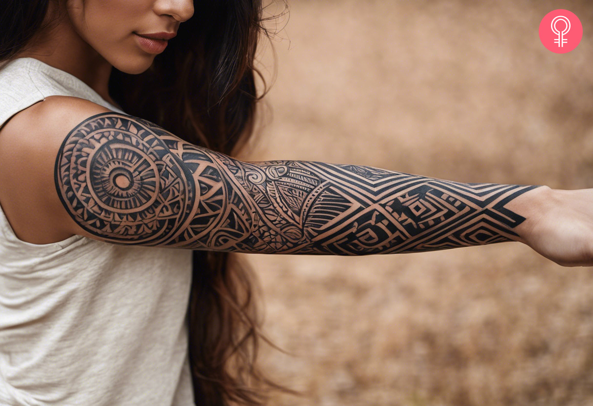 Full sleeve maori tattoo on a woman