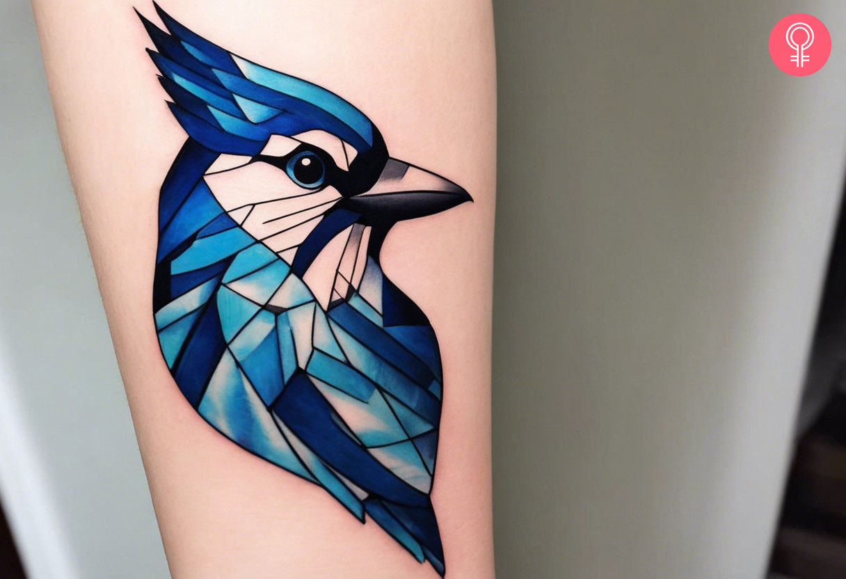 Close up of a geometric blue jay tattoo on a woman’s forearm
