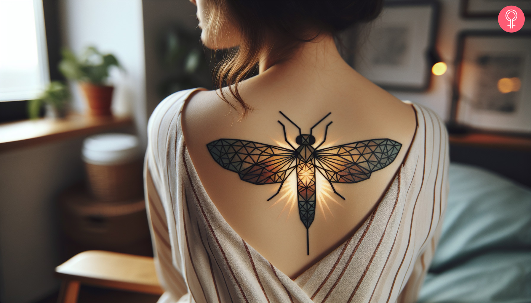 Woman with geometric firefly tattoo on her upper back