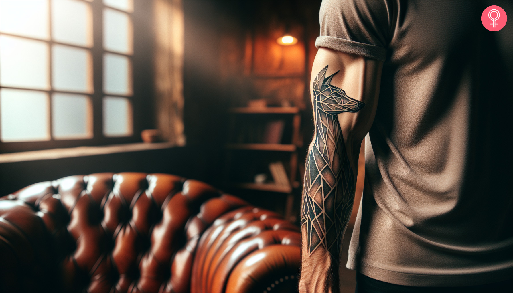 A geometric greyhound tattoo on the lower arm of a man