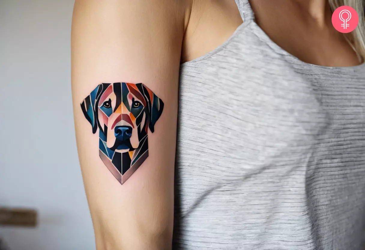Woman with a geometric Labrador tattoo on her upper arm