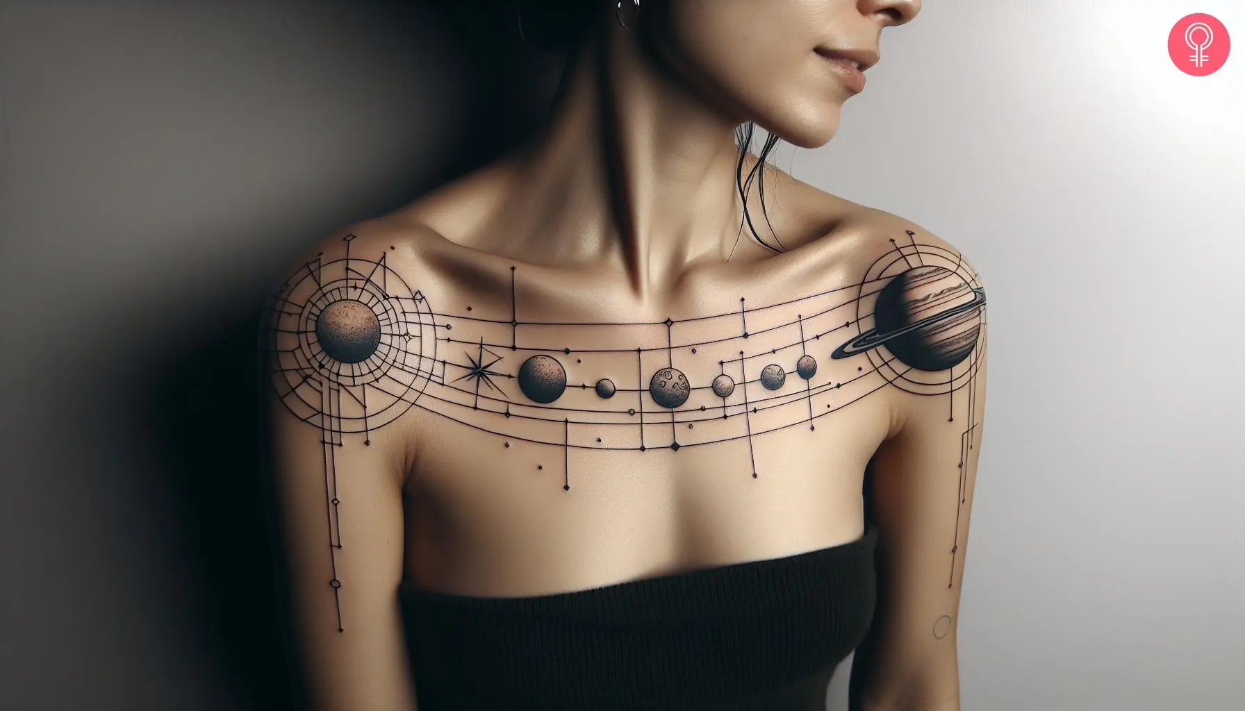 A woman with a geometric solar system tattoo on her chest