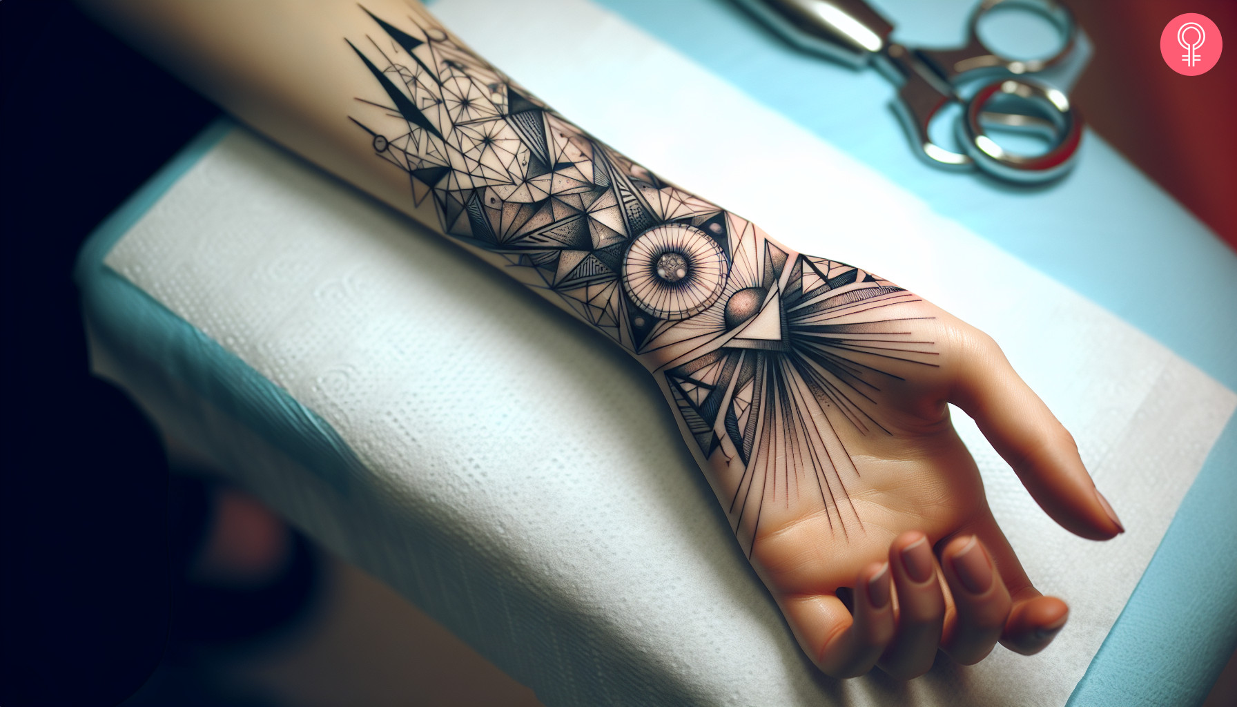 Woman with geometric surrealism tattoo on her forearm