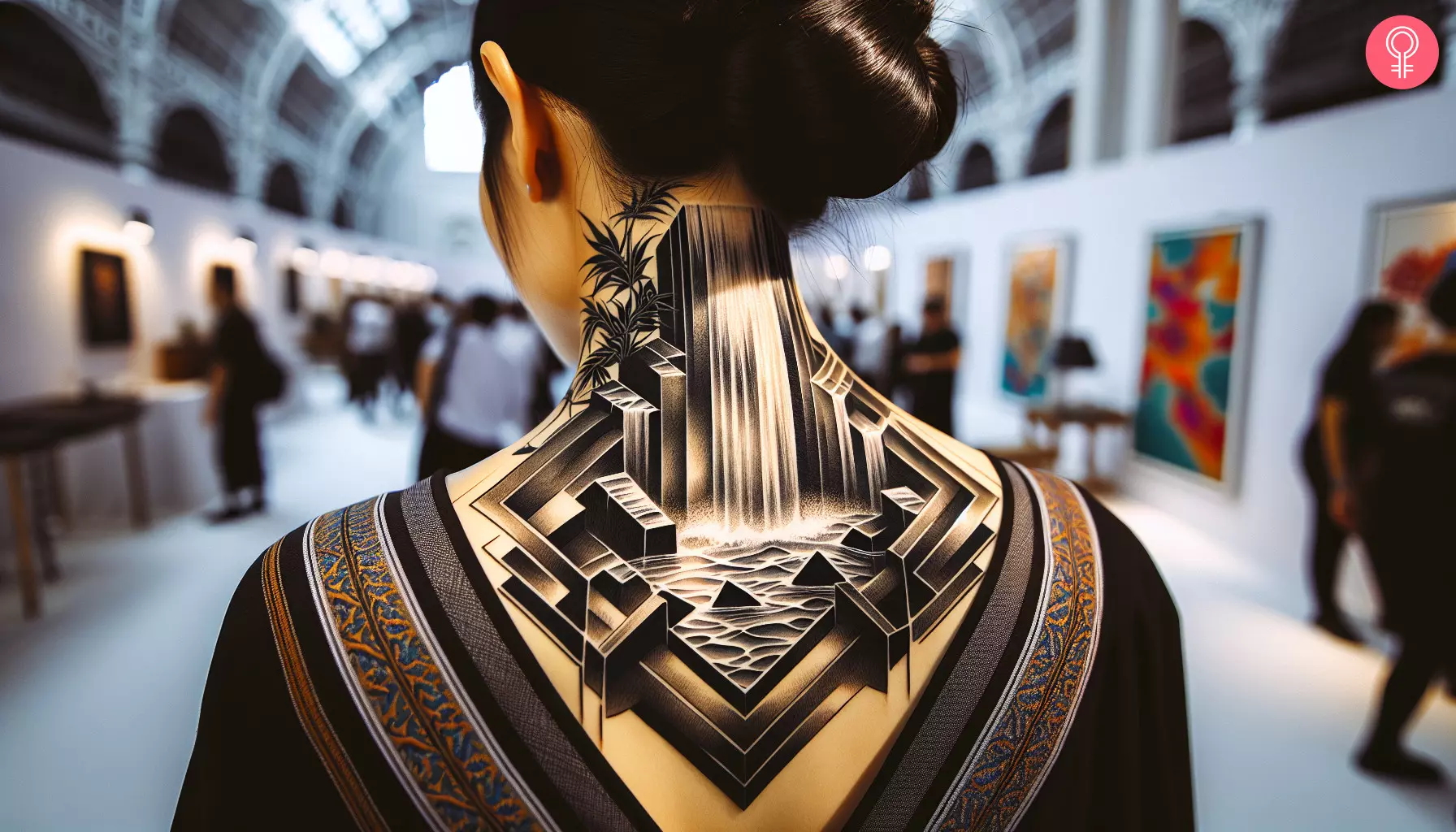 A geometric waterfall tattoo on the neck of a woman