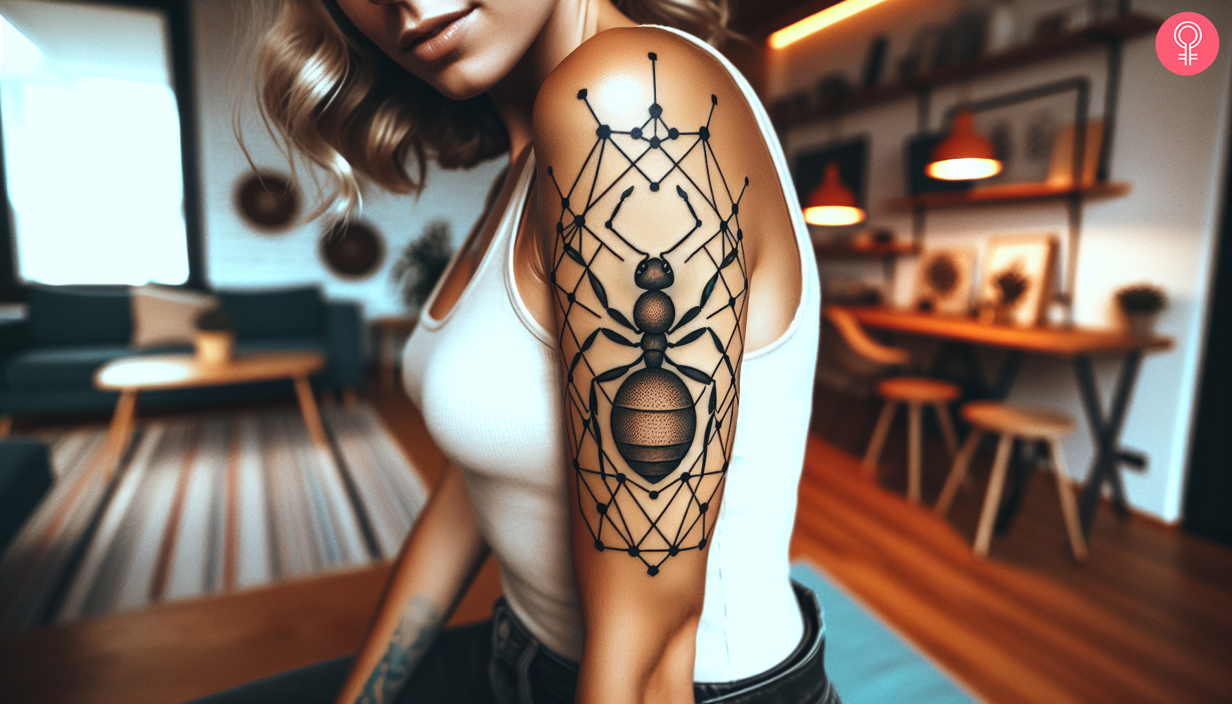 Geometric ant tattoo on the upper arm