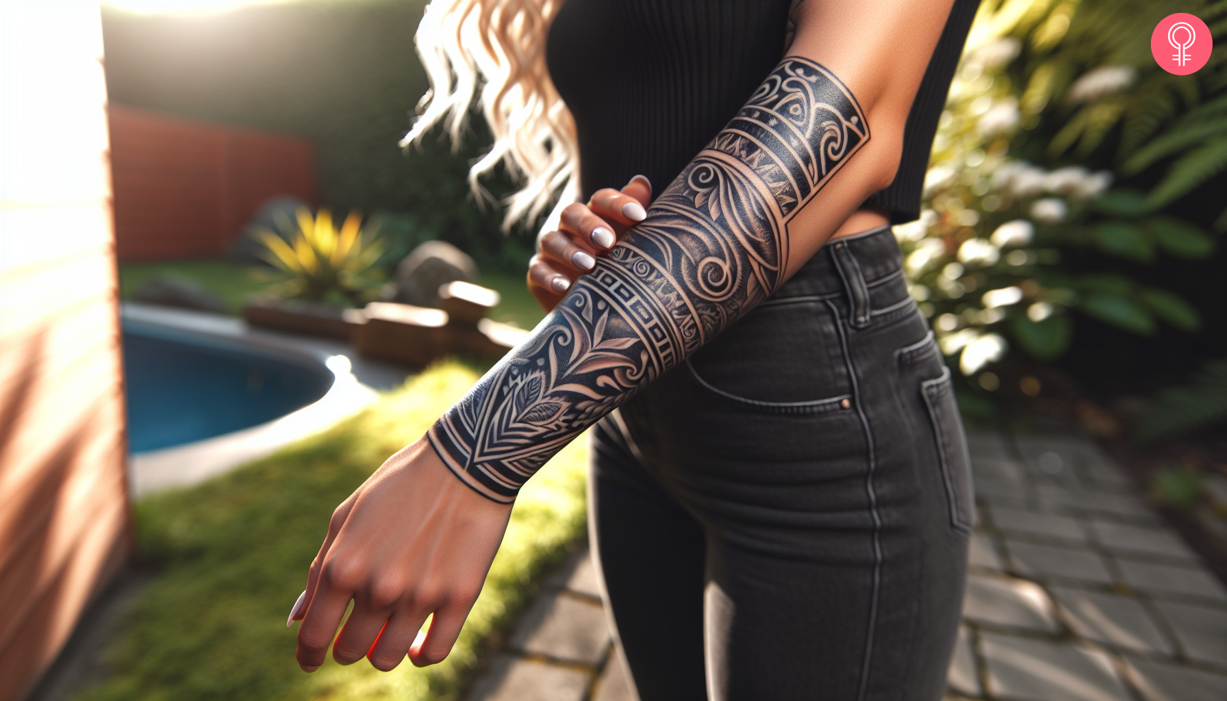 Geometric maori tattoo on the forearm of a woman