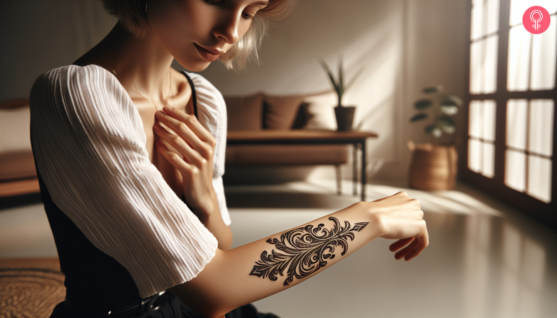 A girly fleur de lis tattoo on the forearm