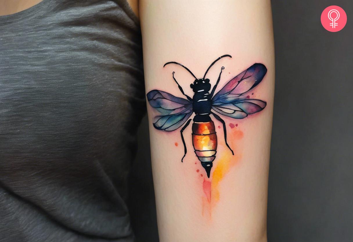 Glowing lightning bug tattoo on the arm