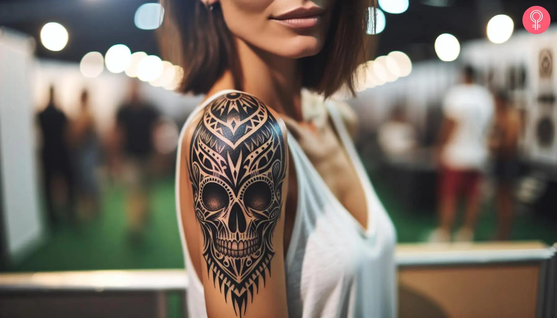 Gothic tribal tattoo on the upper arm of a woman