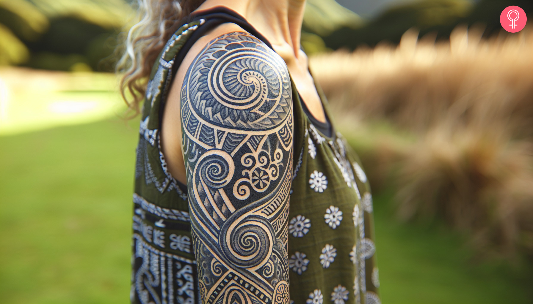 Grey and black maori tattoo on the upper arm of a woman