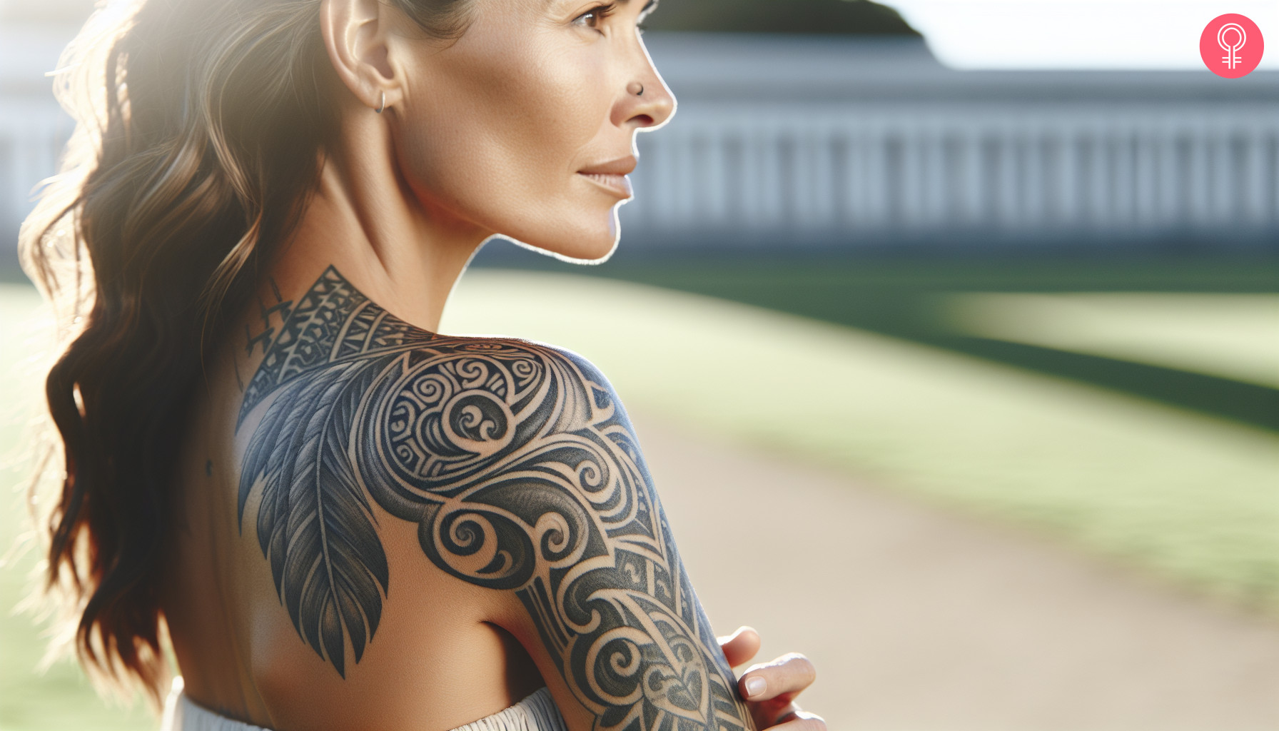 Grey maori tattoo on right shoulder of a woman