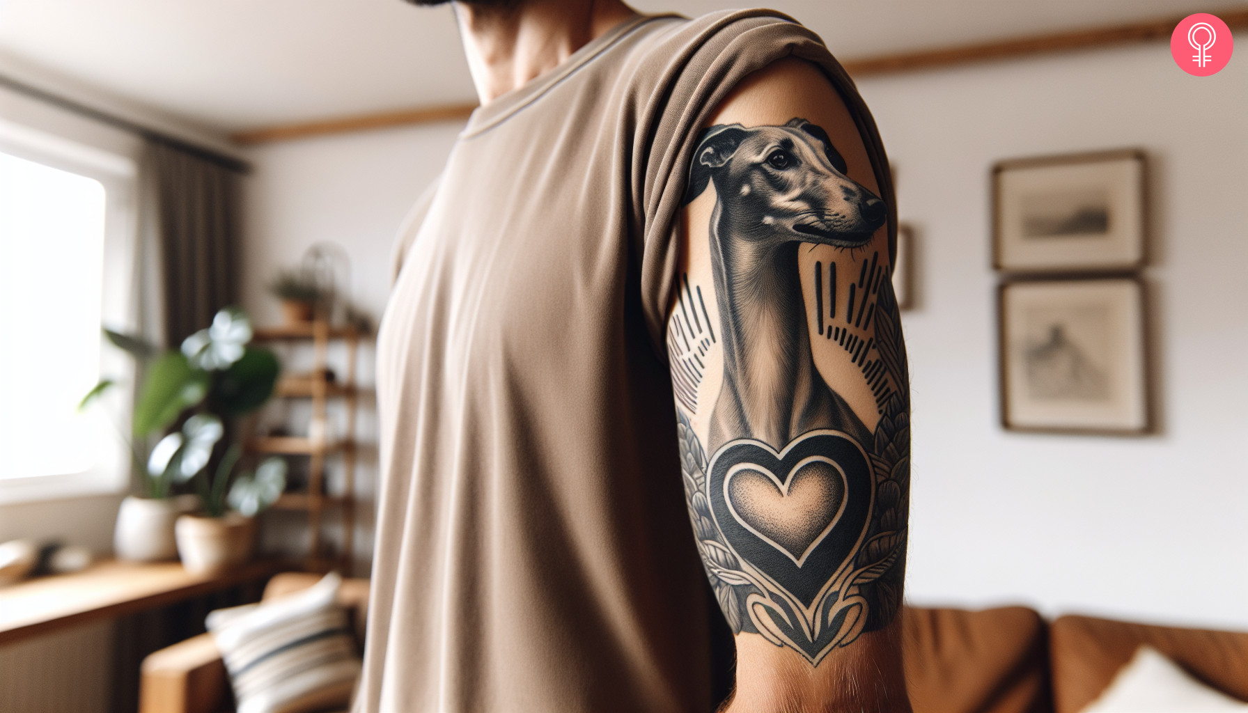 A black and gray greyhound heart tattoo on the upper arm of a man