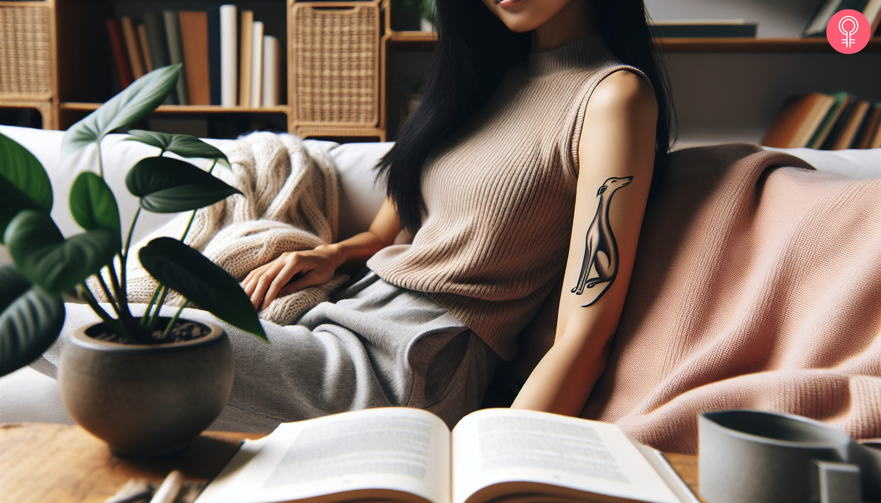 A greyhound outline tattoo on the arm of a woman