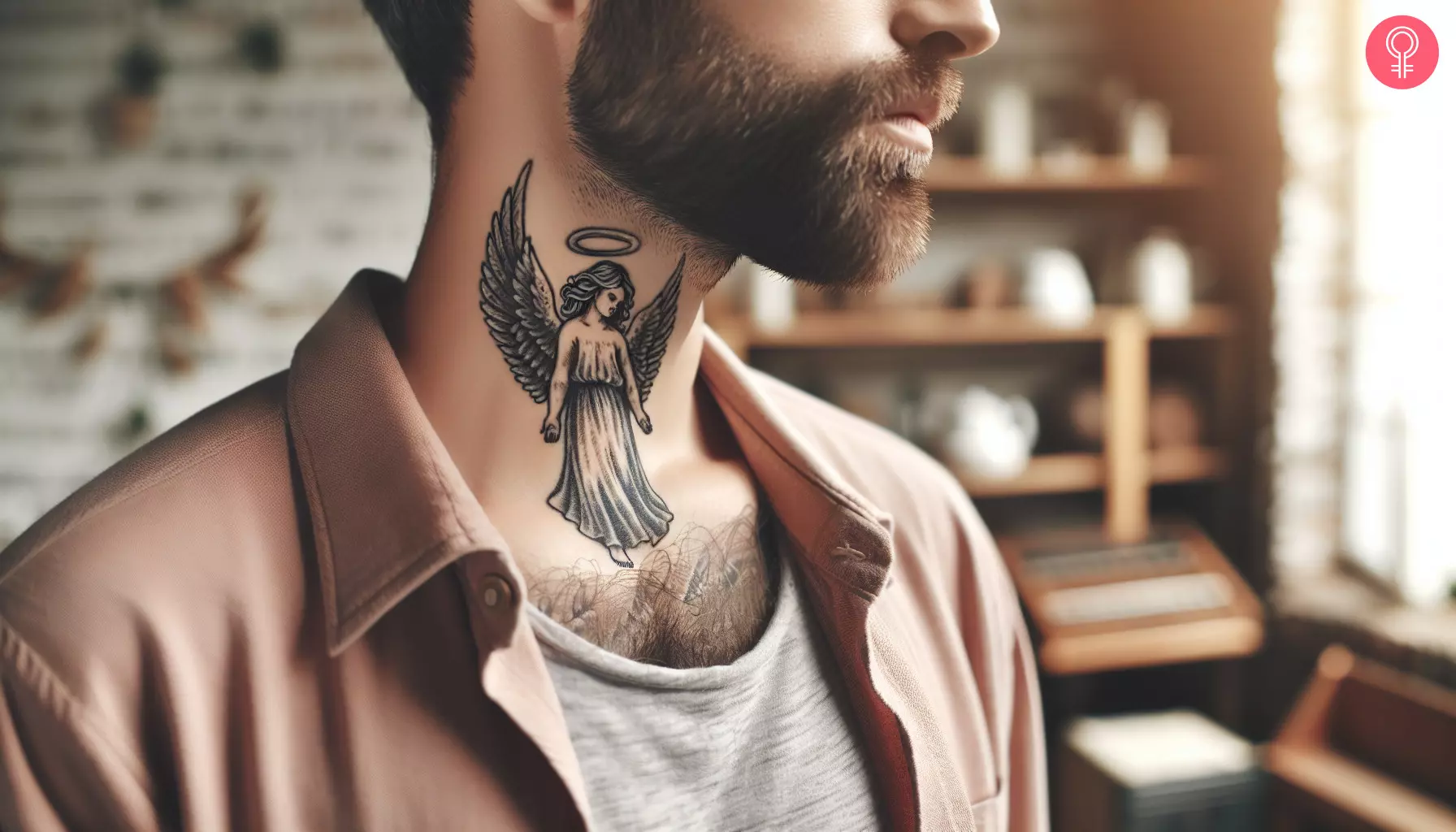 Man with a guardian angel tattoo on the neck