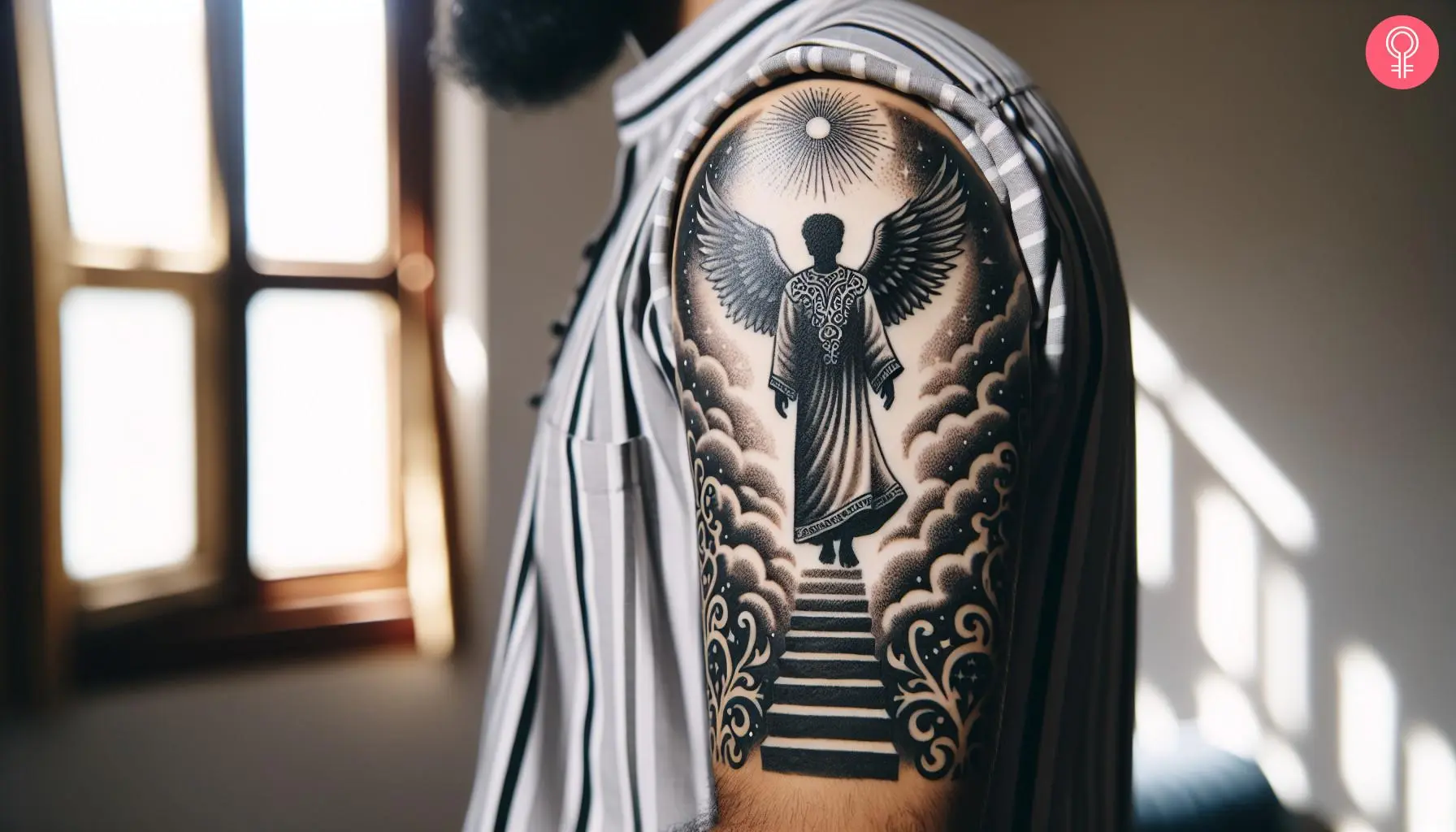 A ‘Stairway To Heaven’ tattoo on the upper arm