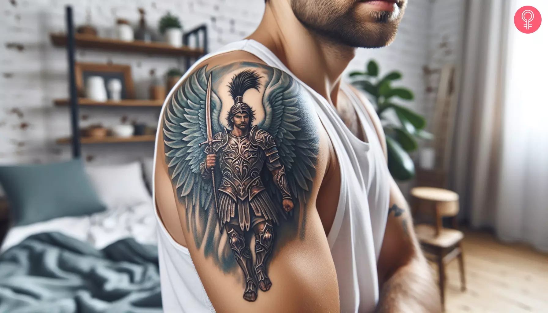 Man with a guardian Archangel Michael tattoo on the shoulder