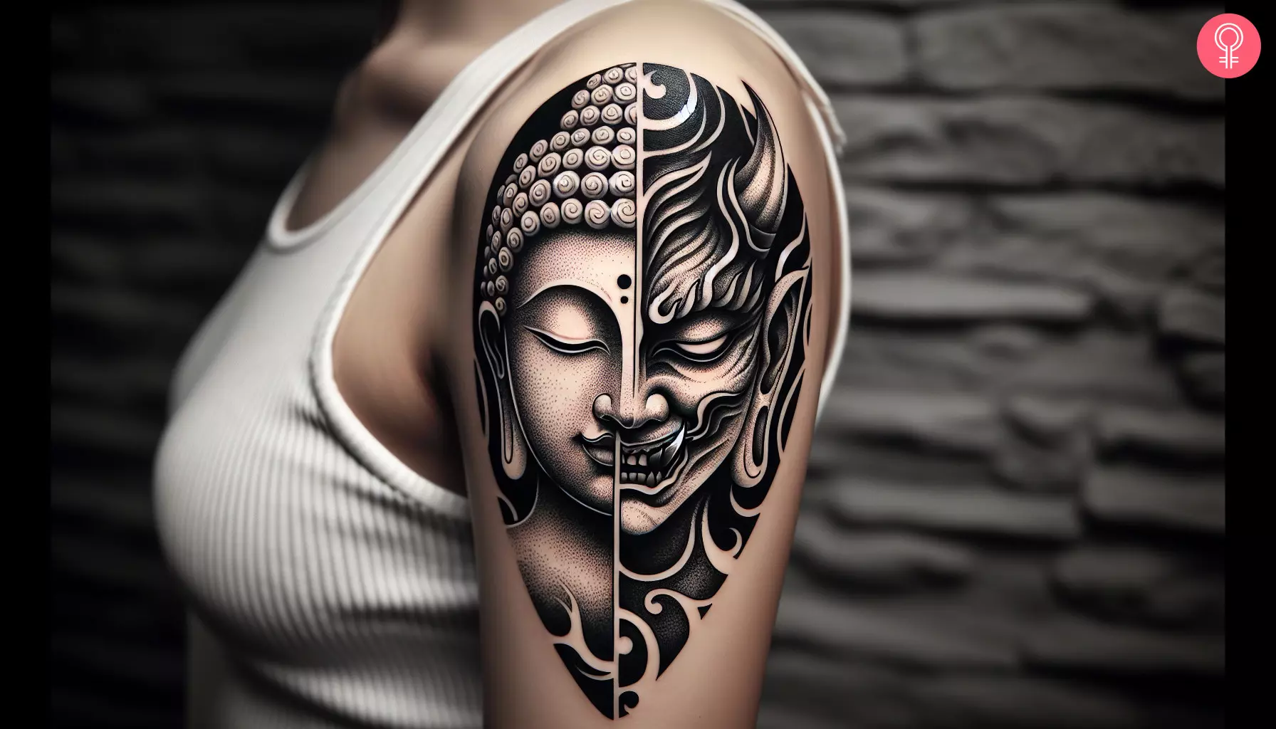 Half Buddha half demon tattoo on the arm