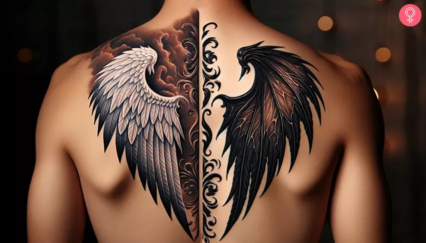 Half angel half demon wings tattoo on the back