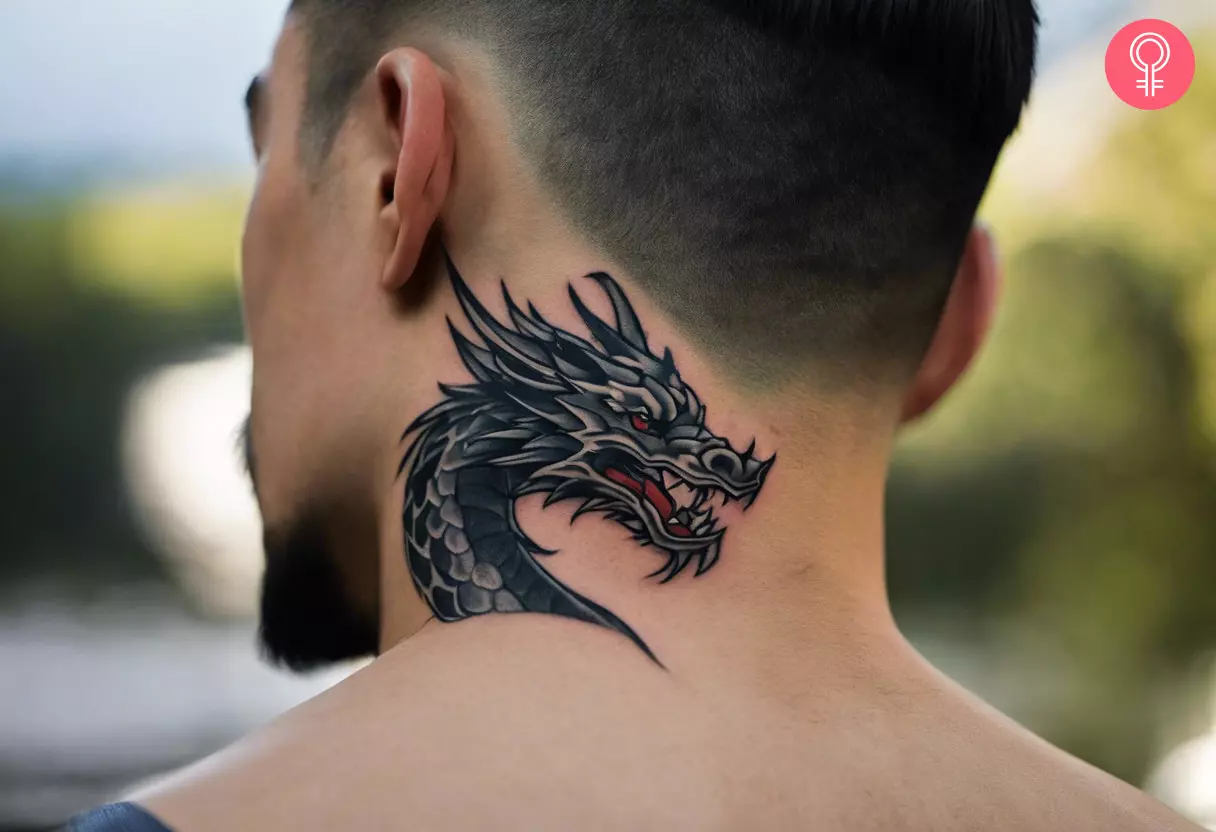 Hanzo dragon tattoo on the neck of a man