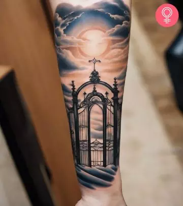 A ‘stairway to heaven’ tattoo on a woman’s upper arm