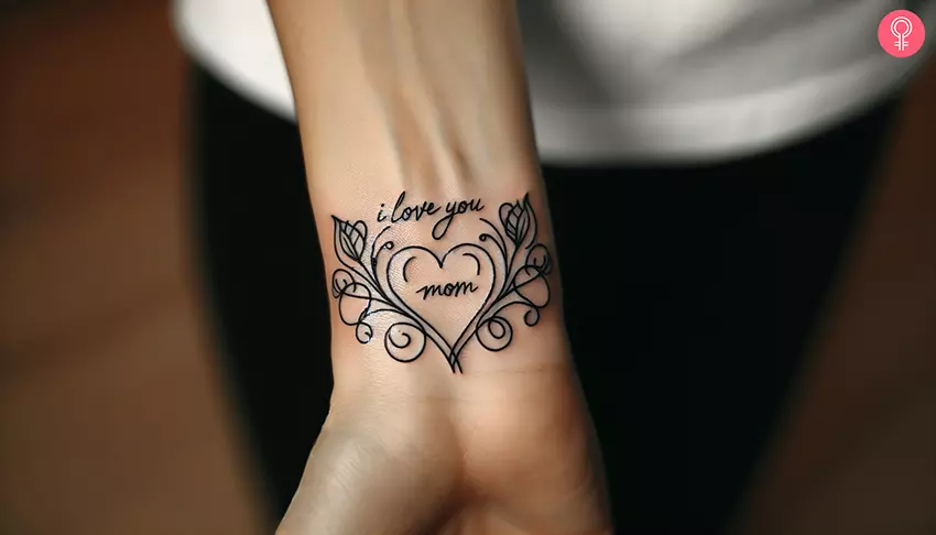 I love you Mom with a heart tattoo inked on the wrist