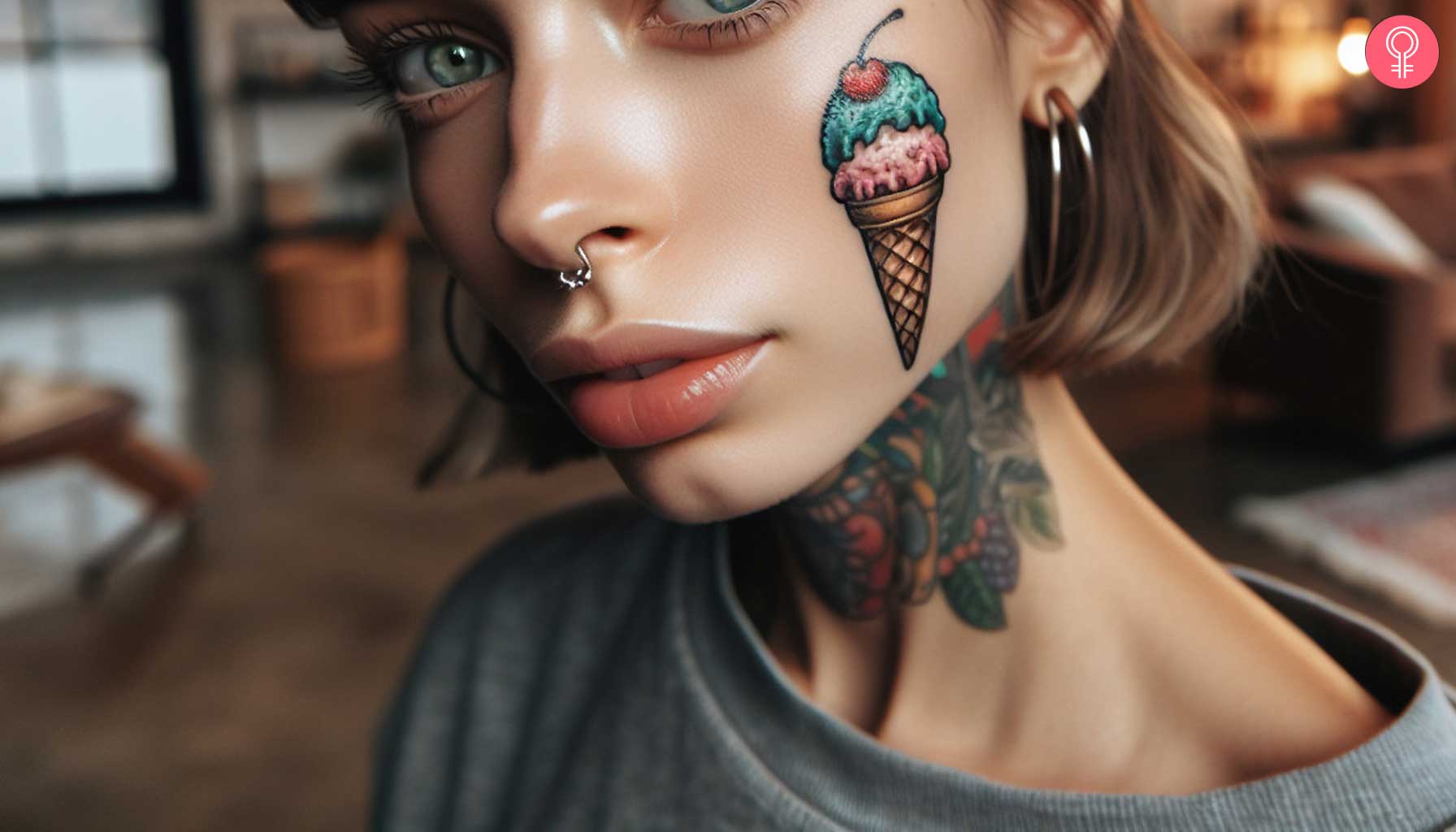 A woman flaunting an ice cream tattoo on her cheeks