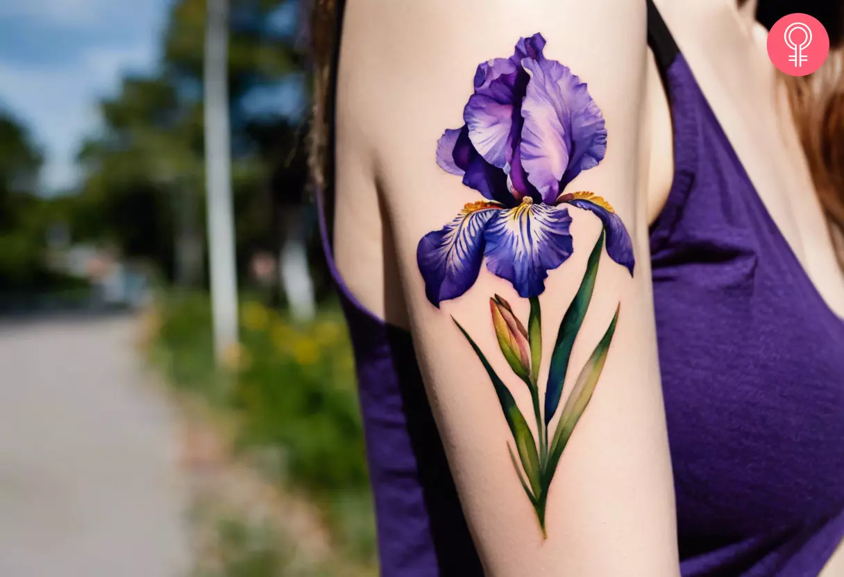 Iris flower tattoo on the upper arm