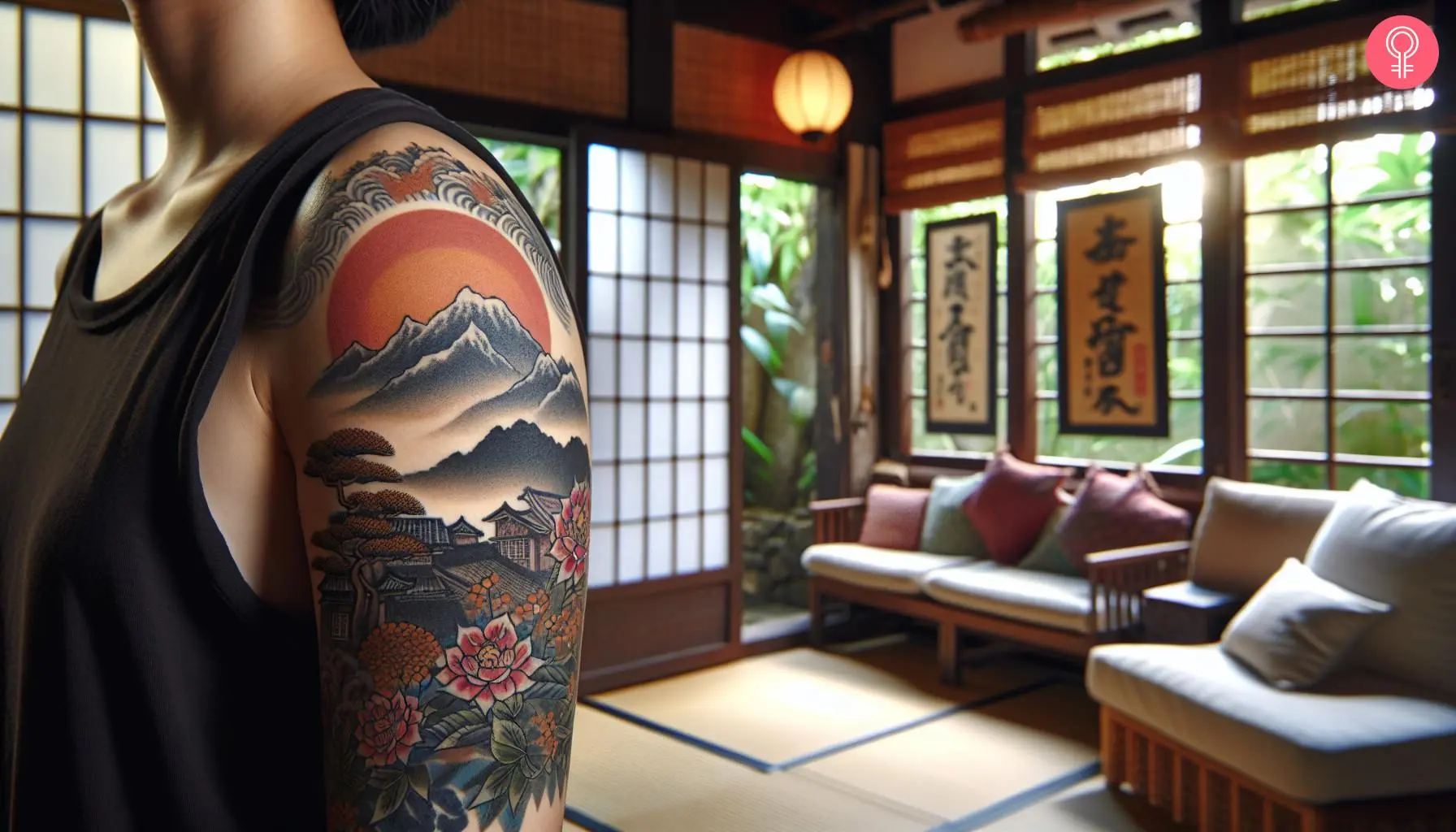 A woman with a Japanese style mountain tattoo on her upper arm