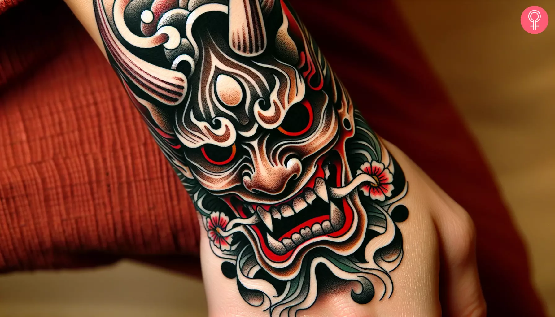 Japanese demon mask tattoo on the hand