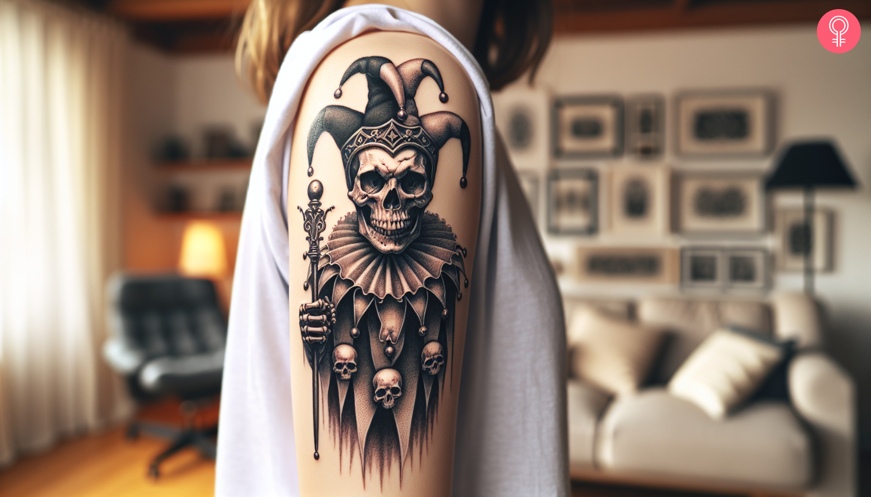 Jester skull tattoo on the upper arm of a woman