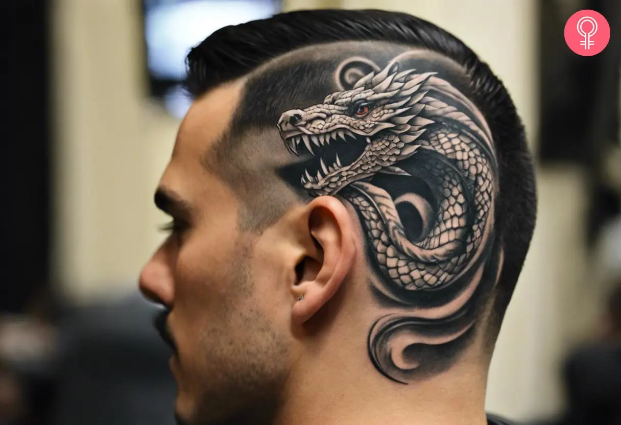 Jormungandr tattoo on the side of the head