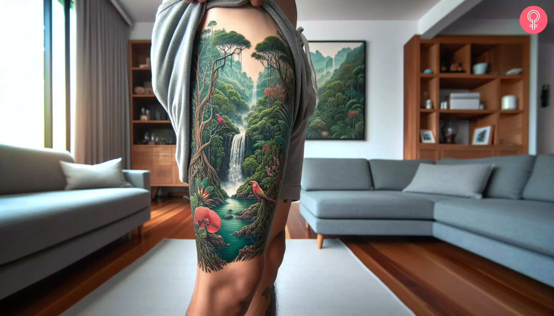 A jungle waterfall tattoo on the thigh of a man