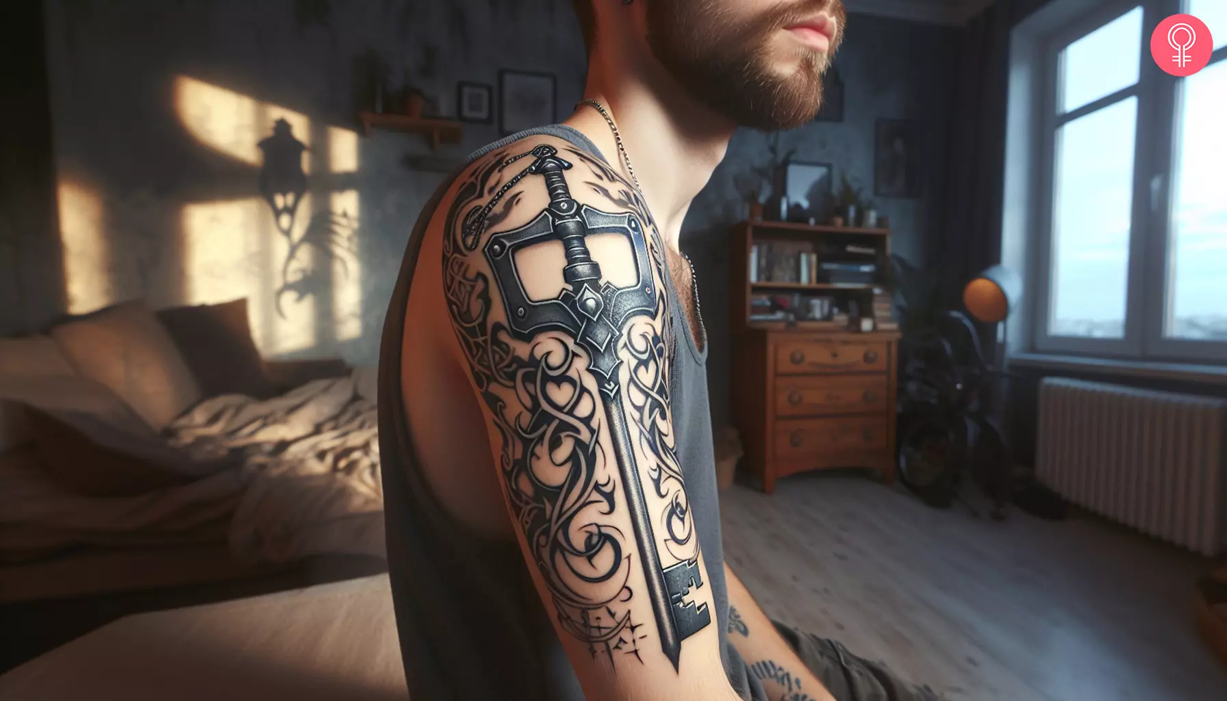 Kingdom hearts keyblade tattoo on the upper arm