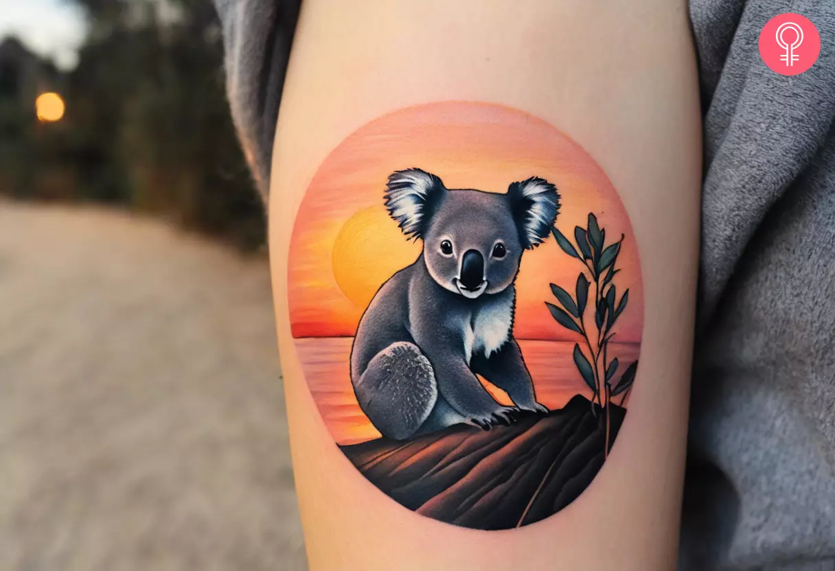 Koala with nature elements tattoo on the upper arm