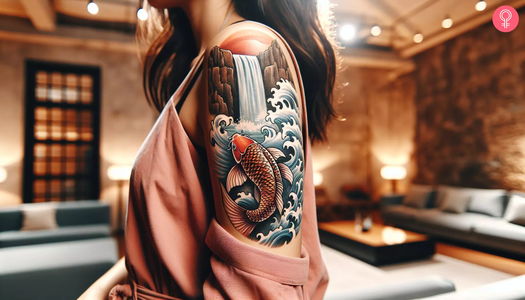 A koi fish swimming up waterfall tattoo on the arm of a woman