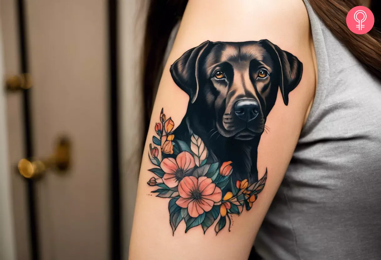 Woman showing off her Labrador Retriever tattoo on the upper arm