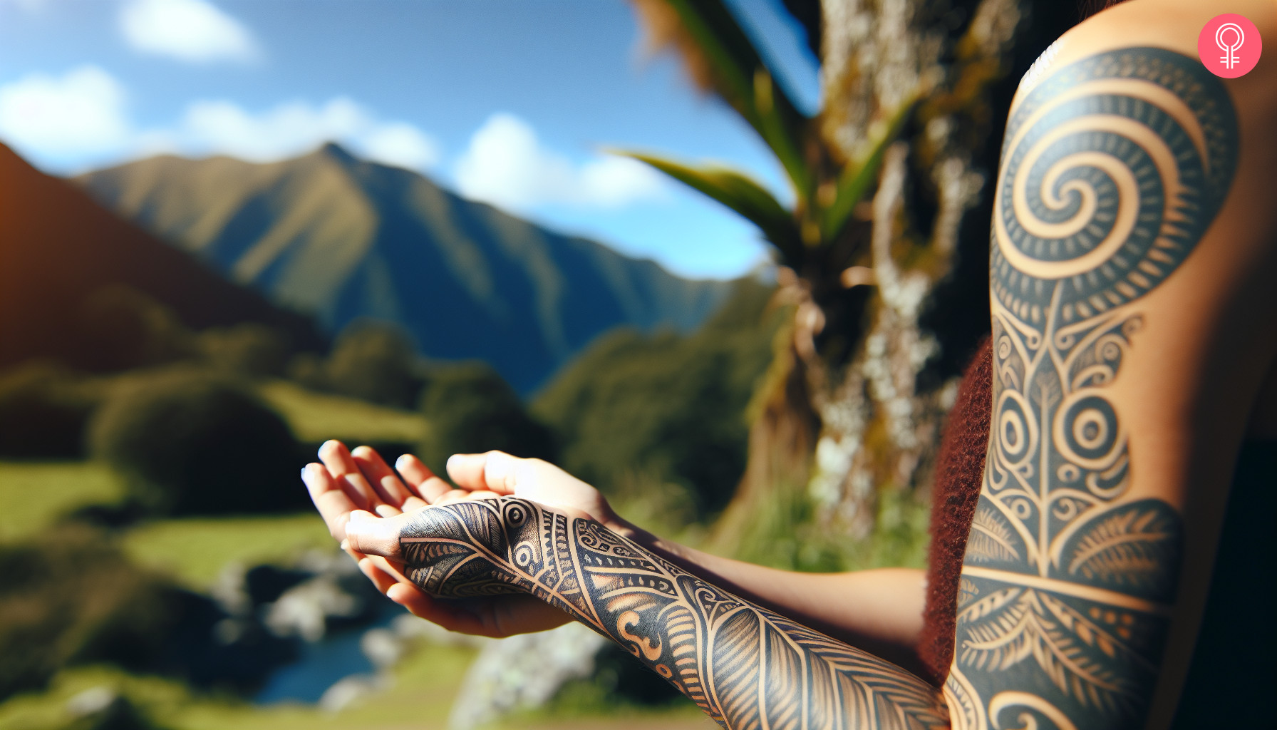 Leaf maori sleeve tattoo on a woman