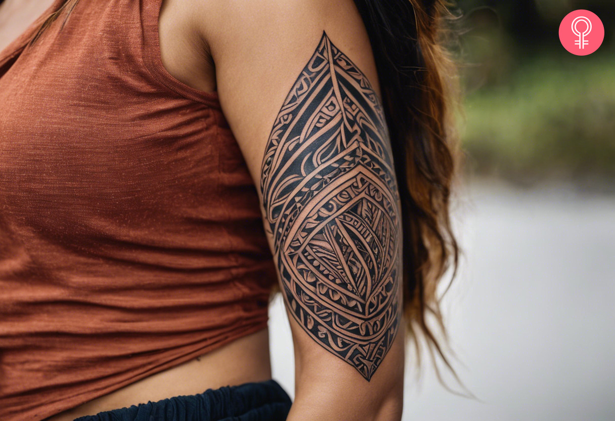 Leaf maori traditional tattoo on the upper arm of a woman