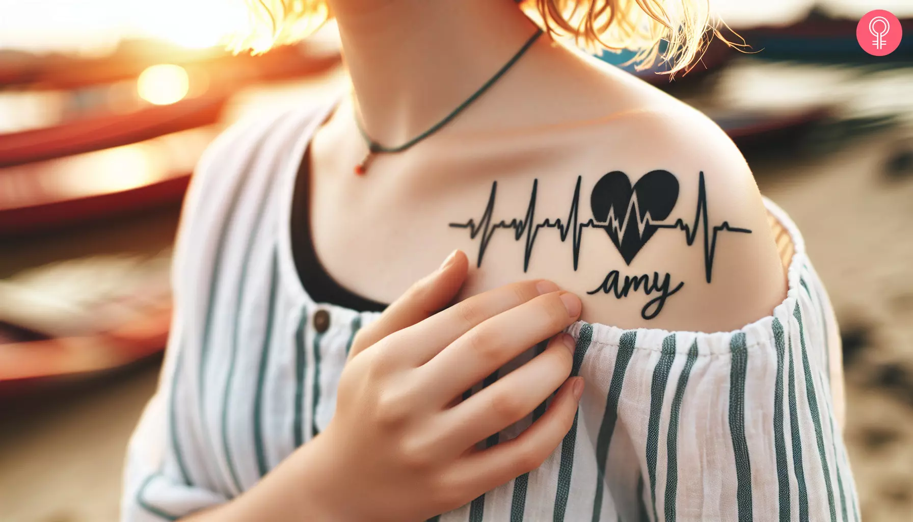 Lifeline tattoo with name on the shoulder of a woman