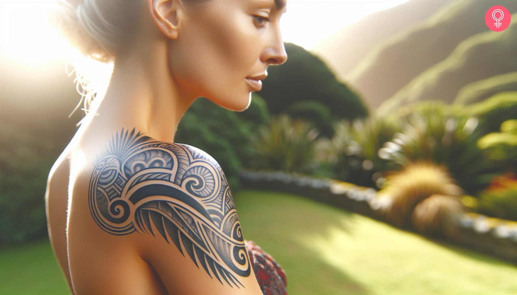 Light black maori tattoo on the shoulder of a woman