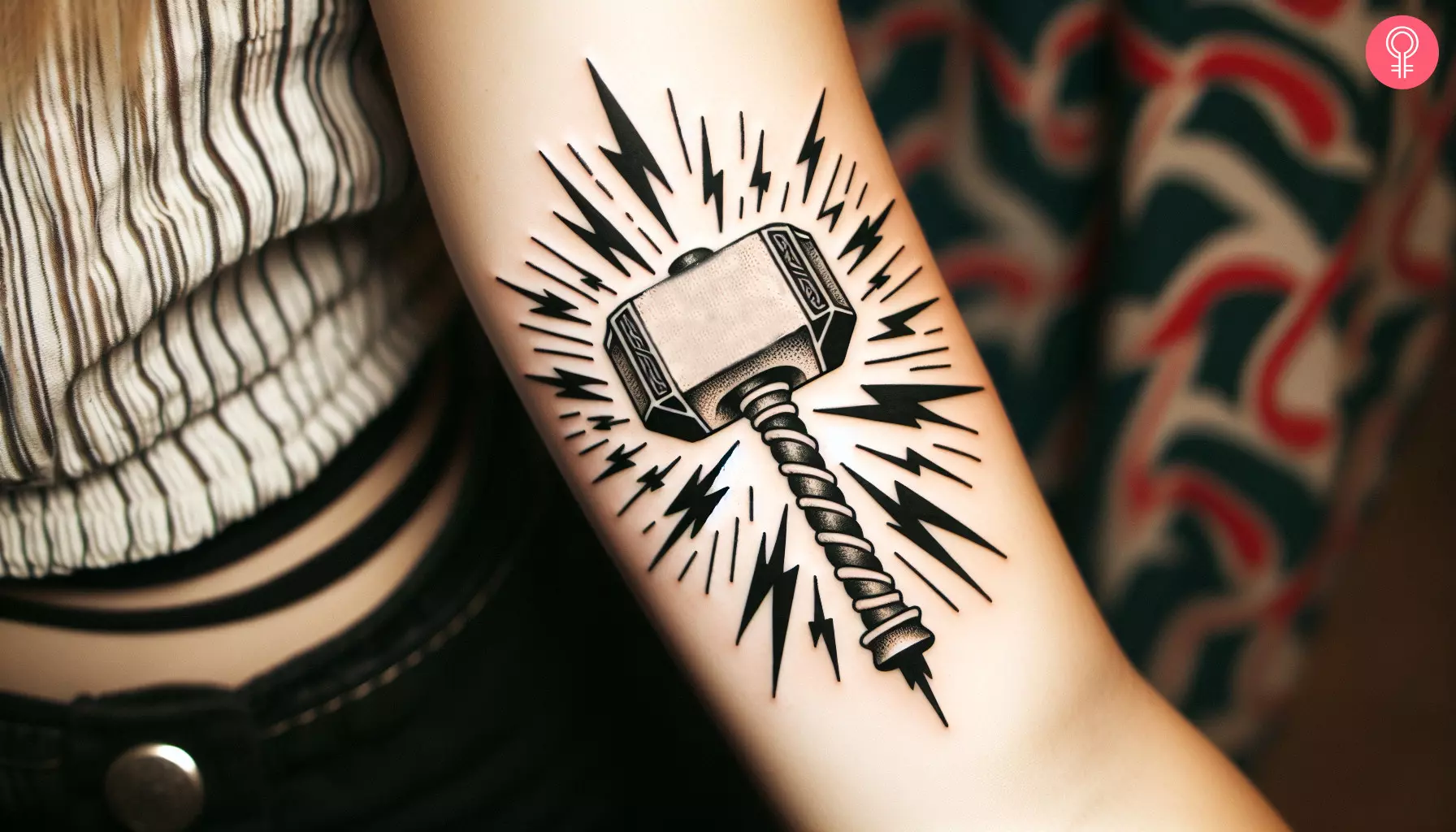 A tattoo featuring Thor’s hammer and lightning on a woman’s arm