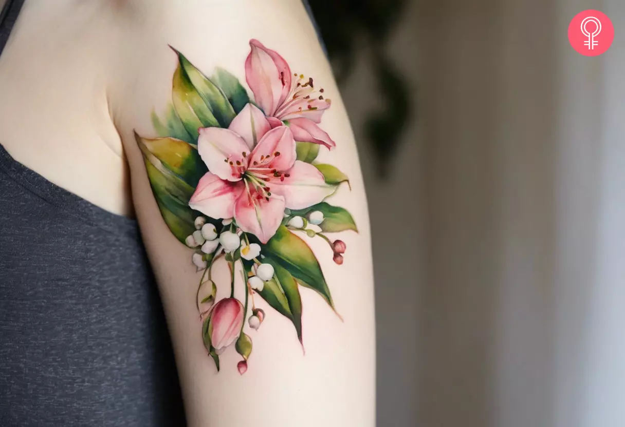 Lily of the valley and hawthorn flowers tattoo on the upper arm